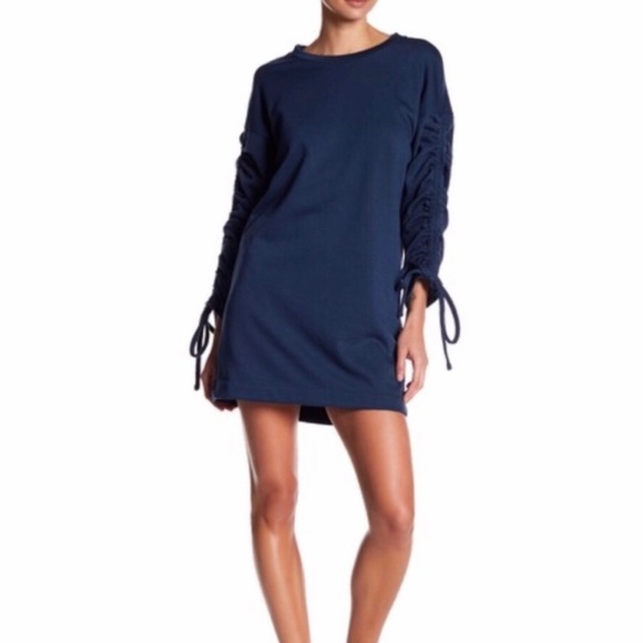 Lush Blue Ruched Drawstring Long Sleeve Mini Dress Size Large - Picture 1 of 11